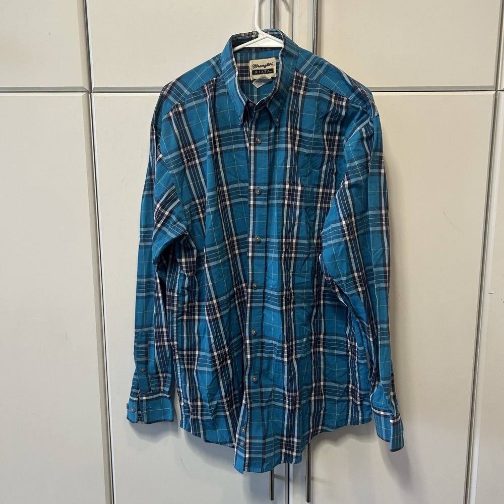 Wrangler Riata Mens Blue Plaid Long Sleeve Button Down Shirt MR2075A XL